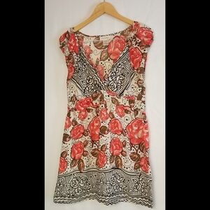 Monroe & Main Short Sleeve Floral Dress - Coral White and Brown Size Medium